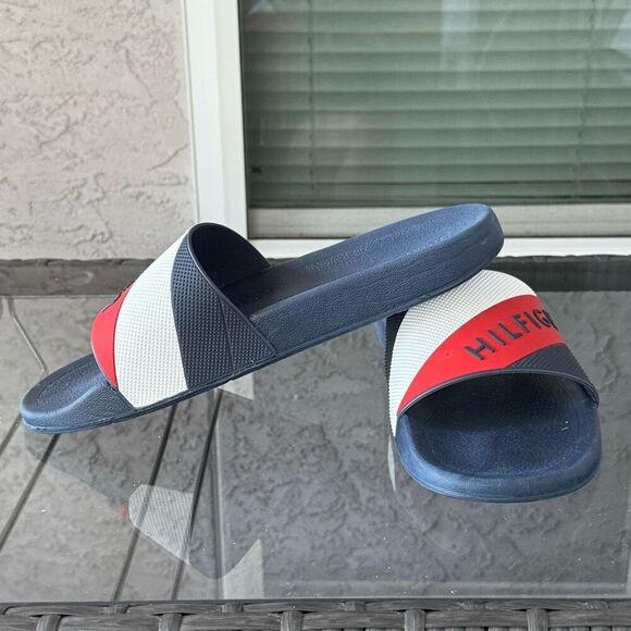 VTG Tommy Hilfiger Slide Sandals Mens 10 Blue USA Flag Y2K Preppy 90s - Picture 7 of 8